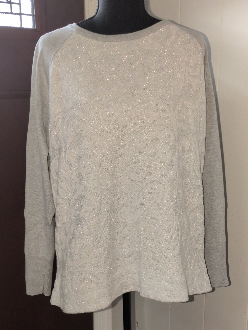 "Bass" Embossed Sparkle Knit Crewneck Sweater - Light Gray Size XXL